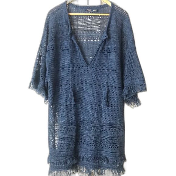 Polo Ralph Lauren Fringed Blue Linen Woven Tunic Top Size Medium - Picture 4 of 8